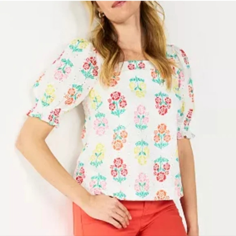 Draper James Eyelet Puffed Sleeve Floral Cotton Top Size XL EUC